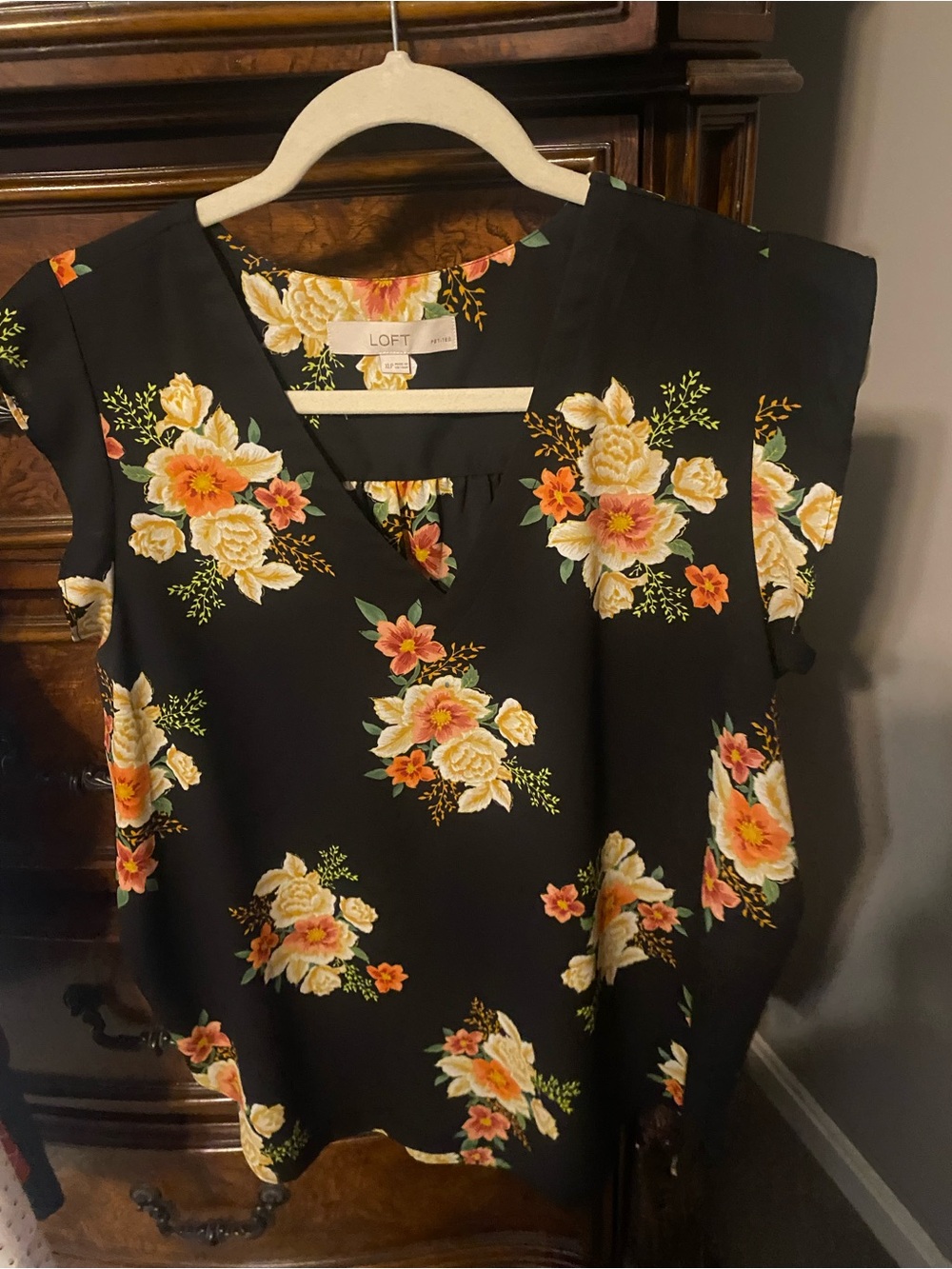 LOFT Black Floral V-Neck Short Sleeve Blouse Top